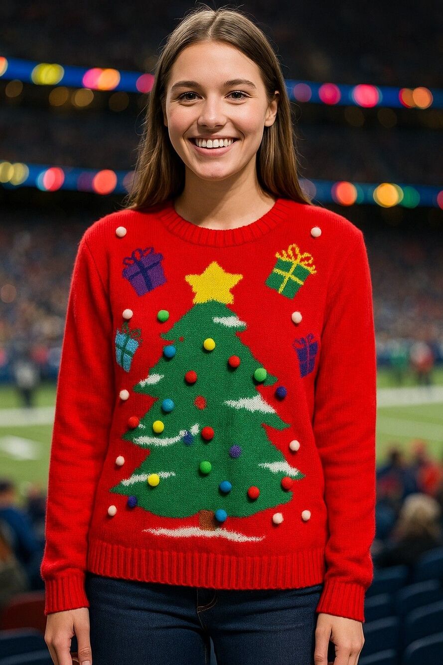 Christmas Tree Ugly Christmas Sweater Women’s Large Red 3D Pom Pom Lights Gifts